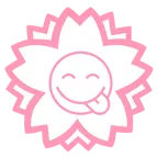Blumenstempel + sich die Lippen leckendes Gesicht