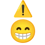 warning + beaming face with smiling eyes