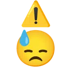 warning + downcast face with sweat