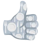 pulgar hacia arriba + cuchillo y tenedor con un plato