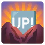 Sonnenaufgang über Bergen + Schriftzug „UP!“ im blauen Quadrat