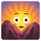 Sonnenaufgang über Bergen + errötetes Gesicht mit großen Augen