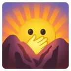 Sonnenaufgang über Bergen + Gesicht mit offenen Augen und Hand über dem Mund