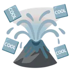 Vulkan + Wort „Cool“ in blauem Quadrat