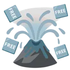 Vulkan + Wort „Free“ in blauem Quadrat