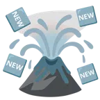 Vulkan + Wort „New“ in blauem Quadrat