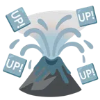 Vulkan + Schriftzug „UP!“ im blauen Quadrat