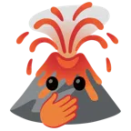 Vulkan + Gesicht mit offenen Augen und Hand über dem Mund