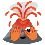 Vulkan + Gesicht mit durch die Finger linsendem Auge