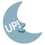 Mondsichel mit Gesicht rechts + Schriftzug „UP!“ im blauen Quadrat