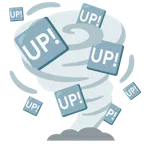 Wirbelsturm + Schriftzug „UP!“ im blauen Quadrat