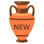 Amphore + Wort „New“ in blauem Quadrat