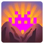 Computerspiel-Monster + Sonnenaufgang über Bergen