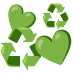 corazones giratorios + símbolo de reciclaje