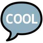 Sprechblase mit drei Punkten + Wort „Cool“ in blauem Quadrat
