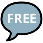 Sprechblase mit drei Punkten + Wort „Free“ in blauem Quadrat