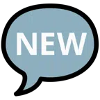 Sprechblase mit drei Punkten + Wort „New“ in blauem Quadrat