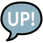 Sprechblase mit drei Punkten + Schriftzug „UP!“ im blauen Quadrat