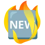 Feuer + Wort „New“ in blauem Quadrat