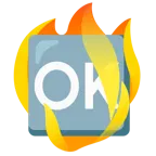 Feuer + Großbuchstaben OK in blauem Quadrat