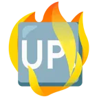 Feuer + Schriftzug „UP!“ im blauen Quadrat