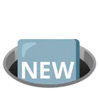 Loch + Wort „New“ in blauem Quadrat