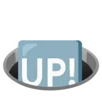 Loch + Schriftzug „UP!“ im blauen Quadrat