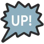 Sprechblase für wütende Aussage rechts + Schriftzug „UP!“ im blauen Quadrat