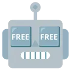 Roboter + Wort „Free“ in blauem Quadrat