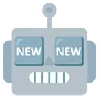 Roboter + Wort „New“ in blauem Quadrat