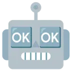 Roboter + Großbuchstaben OK in blauem Quadrat