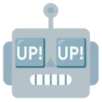 Roboter + Schriftzug „UP!“ im blauen Quadrat