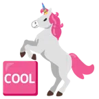 Einhorn + Wort „Cool“ in blauem Quadrat