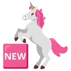 Einhorn + Wort „New“ in blauem Quadrat