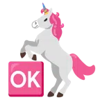 Einhorn + Großbuchstaben OK in blauem Quadrat