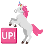 Einhorn + Schriftzug „UP!“ im blauen Quadrat