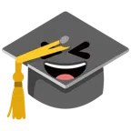 chapéu de formatura + rosto risonho com olhos semicerrados