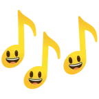 Musiknoten + grinsendes Gesicht mit großen Augen