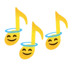 Musiknoten + lächelndes Gesicht mit Heiligenschein