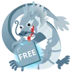 Drache + Wort „Free“ in blauem Quadrat