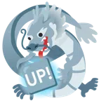Drache + Schriftzug „UP!“ im blauen Quadrat