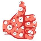 pulgar hacia arriba + reloj despertador