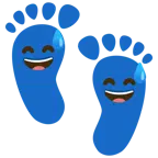 huellas de pies + cara sonriendo con sudor frío