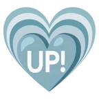 wachsendes Herz + Schriftzug „UP!“ im blauen Quadrat