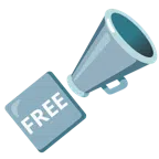 Megafon + Wort „Free“ in blauem Quadrat