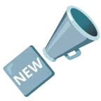 Megafon + Wort „New“ in blauem Quadrat