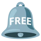 Glocke + Wort „Free“ in blauem Quadrat