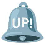 Glocke + Schriftzug „UP!“ im blauen Quadrat