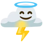 cara sonriendo con aureola + nube con rayo