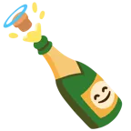 cara sonriendo con aureola + botella descorchada